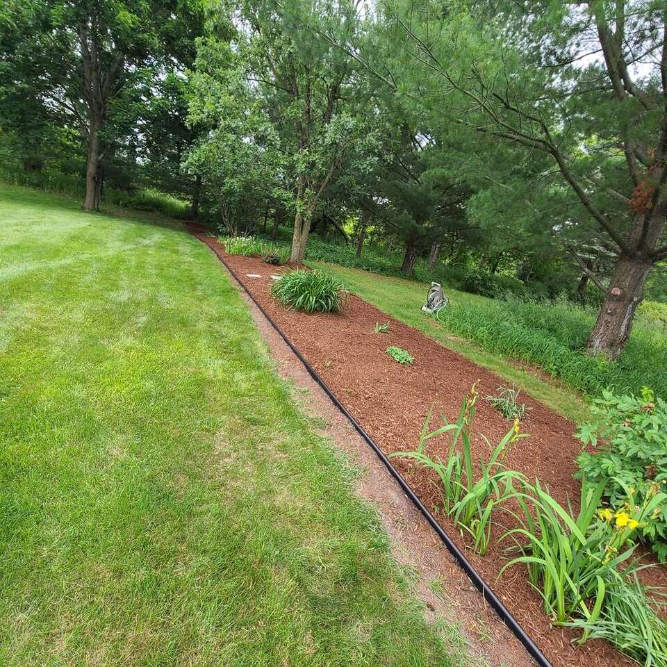 Long mulched garden bed with new edging along a mowed lawn