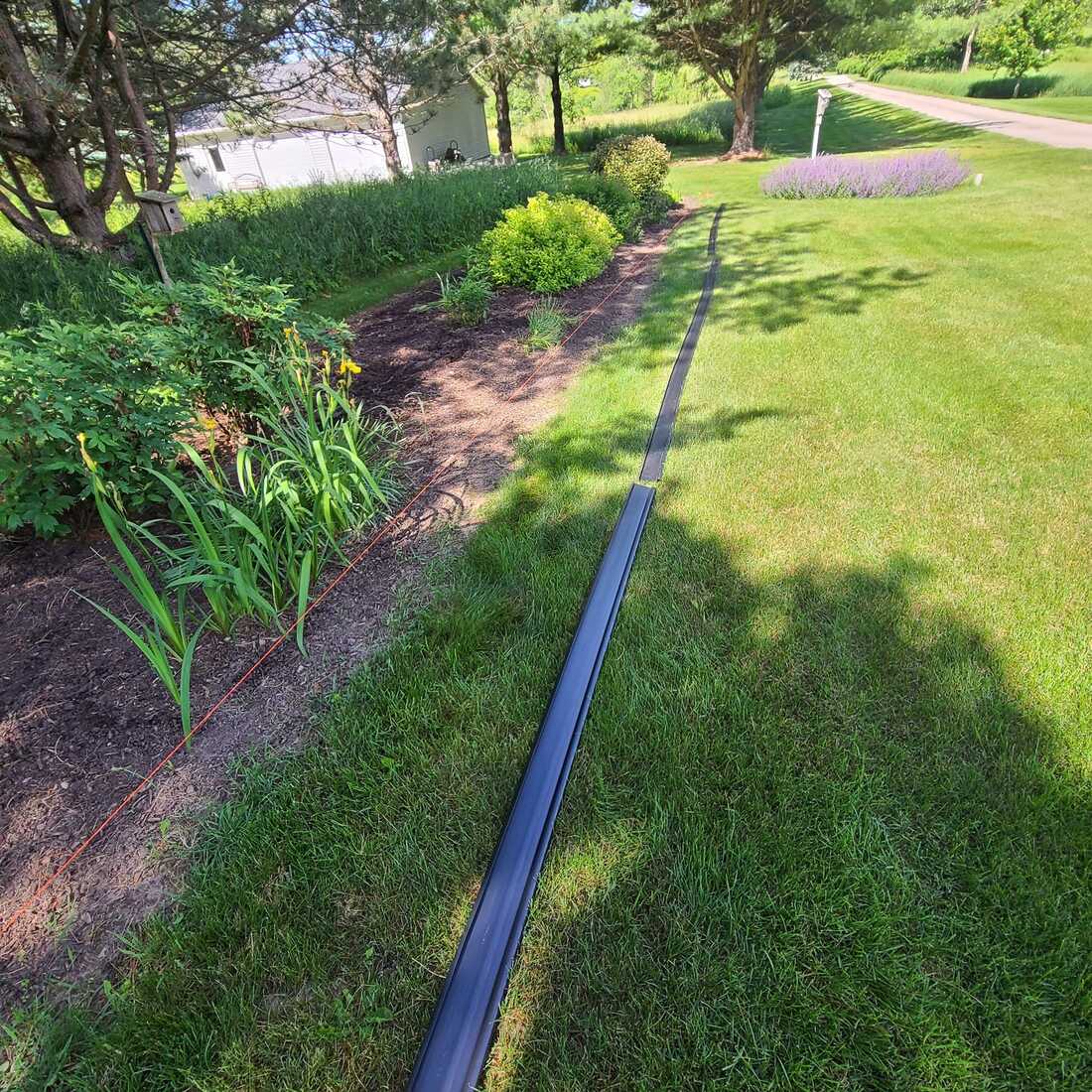 Perennial bed with daylilies and shrubs along a lawn, edging laid out for install